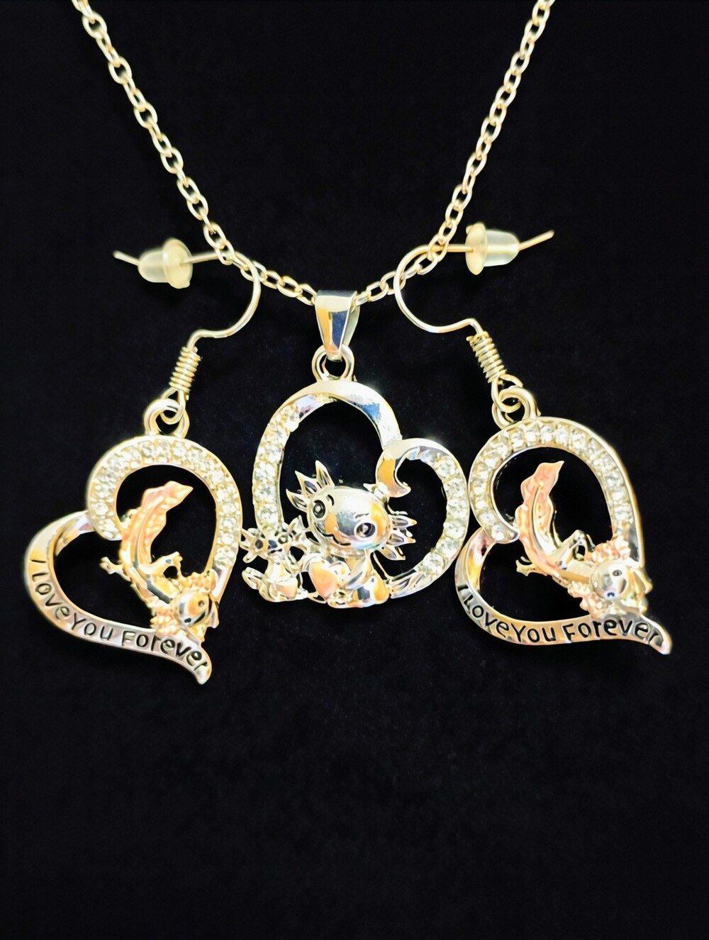 I love you forever Axolotl Necklace and Pierced Earrings Set